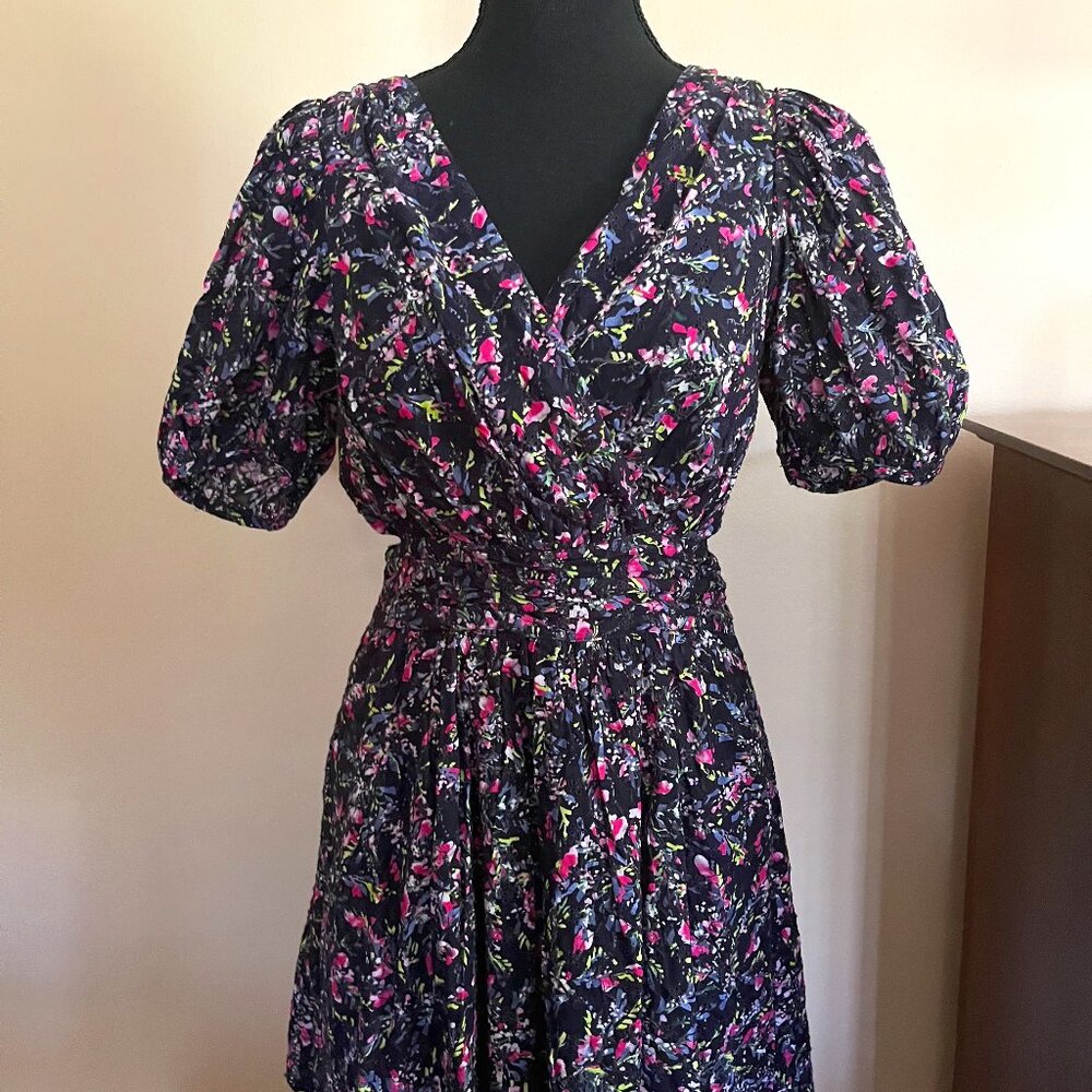 French Connection Navy and Floral Printed Puff Sleeve Mini Dress